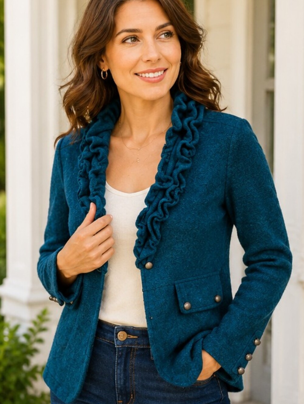 Roz & Ali Teal Ruffled Open-Front Jacket